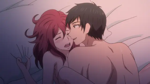 A shirtless man with short black hair lies in bed, cuddling and kissing a red-haired woman who is smiling with her eyes closed. Screenshot from Eternity: Shin`ya no Nurekoi Channel - Episode 3