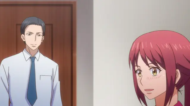 A tall man in a white dress shirt and blue tie stands in a doorway looking toward a red-haired woman with wide eyes and blushing cheeks. Screenshot from Eternity: Shin`ya no Nurekoi Channel - Episode 3