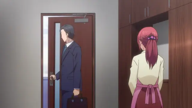 A businessman in a suit stands in a doorway holding a briefcase while a woman in a kimono stands with her back to the camera in a traditional Japanese room. Screenshot from Eternity: Shin`ya no Nurekoi Channel - Episode 3