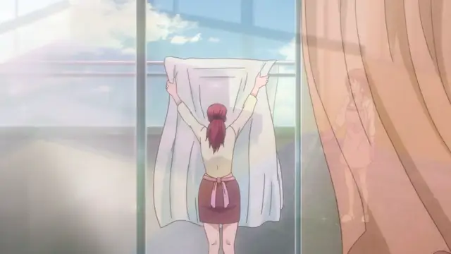 A young woman with red hair and a school uniform stands facing a window, holding up a white curtain to peer outside, while a blonde woman in a dress watches her from behind a large brown curtain on the right. Screenshot from Eternity: Shin`ya no Nurekoi Channel - Episode 3