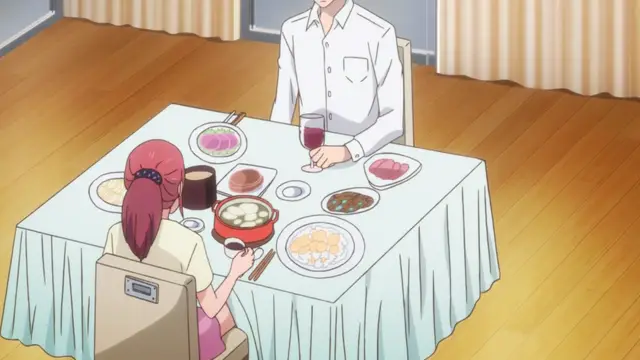 A man and a woman sit across from each other at a table covered in a white tablecloth, enjoying a meal of sushi and rice with a drink. Screenshot from Eternity: Shin`ya no Nurekoi Channel - Episode 3