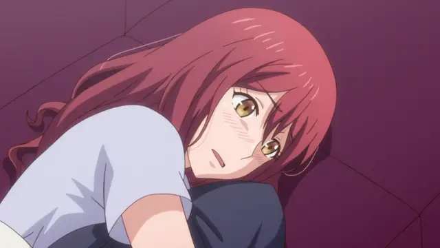 An anime girl with long reddish-brown hair and blushing cheeks lies on a dark purple surface, looking up with a surprised and embarrassed expression. Screenshot from Eternity: Shin`ya no Nurekoi Channel - Episode 3