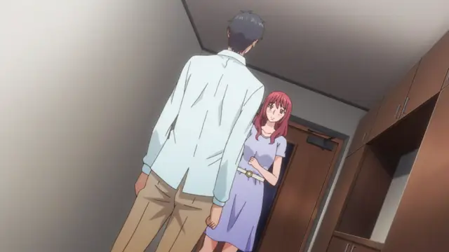 A man in a light blue shirt and khaki pants stands over a blushing woman in a purple dress in a room with a wooden cabinet. Screenshot from Eternity: Shin`ya no Nurekoi Channel - Episode 3