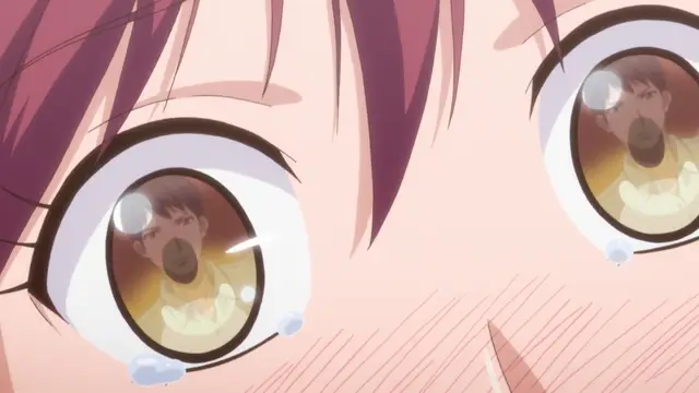 A close-up anime shot shows a blushing girl with wide, teary eyes reflecting a man's image in her pupils. Screenshot from Eternity: Shin`ya no Nurekoi Channel - Episode 3