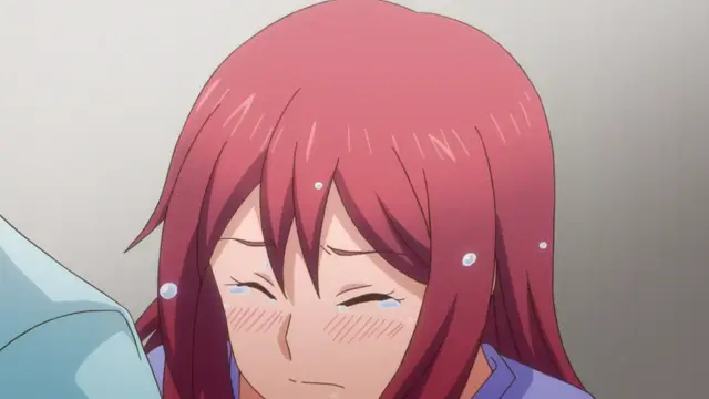 A close-up shot shows an anime girl with long red hair, blushing and tearing up while leaning against someone. Screenshot from Eternity: Shin`ya no Nurekoi Channel - Episode 3