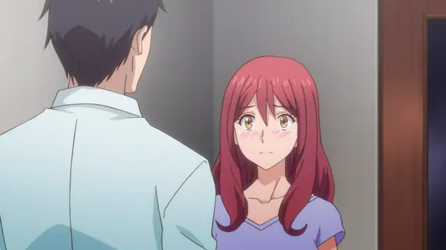 A blushing anime girl with long red hair looks nervously at a man in a light blue shirt standing in front of her in a room. Screenshot from Eternity: Shin`ya no Nurekoi Channel - Episode 3
