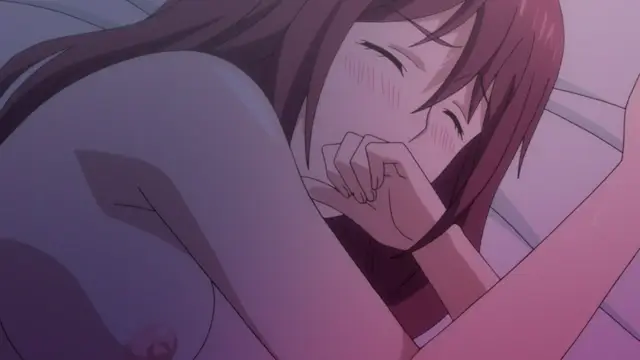 A blushing anime girl with reddish-brown hair lies on a bed with her eyes closed and her hand near her mouth, showing her bare breasts. Screenshot from Eternity: Shin`ya no Nurekoi Channel - Episode 3