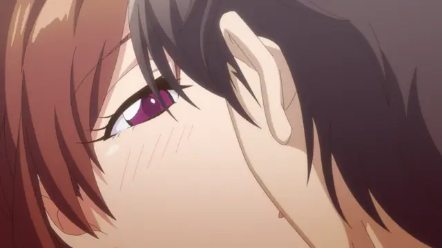 A close-up anime shot shows a blushing woman with long reddish-brown hair looking into the eyes of a dark-haired man with a visible ear. Screenshot from Eternity: Shin`ya no Nurekoi Channel - Episode 4