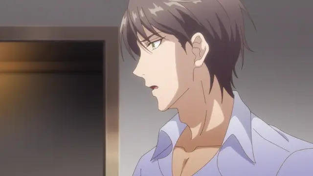 A man with dark hair and a surprised expression looks toward the left in a close-up shot, wearing an unbuttoned light blue shirt. Screenshot from Eternity: Shin`ya no Nurekoi Channel - Episode 4