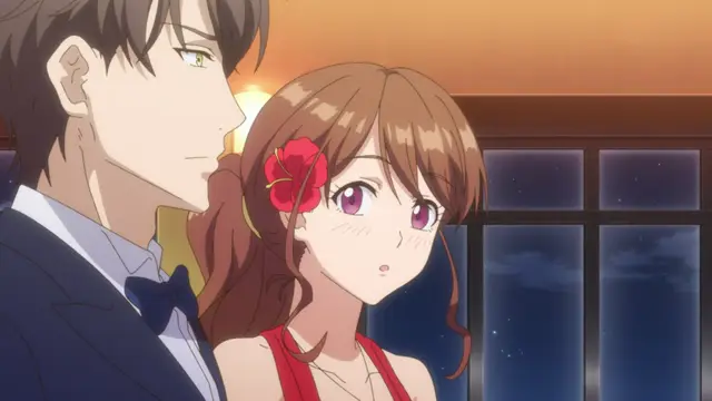 A handsome man in a tuxedo stands close to a blushing woman in a red dress with a flower in her hair as they look out a window together at night. Screenshot from Eternity: Shin`ya no Nurekoi Channel - Episode 4
