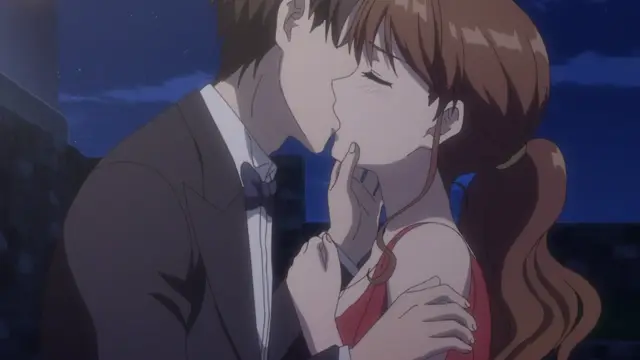 A man in a suit and a woman in a red dress share a romantic kiss outdoors at night with city lights in the background. Screenshot from Eternity: Shin`ya no Nurekoi Channel - Episode 4