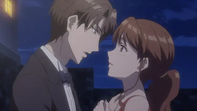 A man in a tuxedo and a woman in a red dress lean in close to each other at night with a romantic and intense expression on their faces. Screenshot from Eternity: Shin`ya no Nurekoi Channel - Episode 4