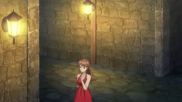 A girl with light brown hair and a red dress stands in a dimly lit stone corridor, looking surprised or anxious. Screenshot from Eternity: Shin`ya no Nurekoi Channel - Episode 4