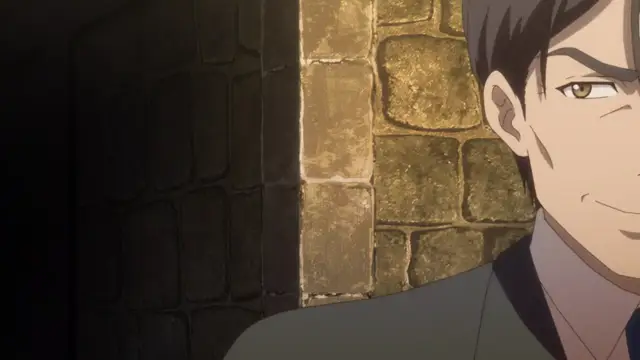 A close-up shot of a man with dark hair and a smug expression wearing a dark kimono, standing in a stone-walled corridor. Screenshot from Eternity: Shin`ya no Nurekoi Channel - Episode 4