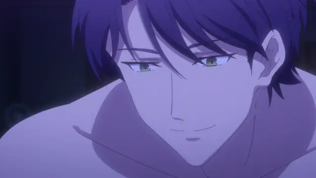 A young man with purple hair and green eyes smiles slyly while looking directly at the camera. Screenshot from Eternity: Shin`ya no Nurekoi Channel - Episode 4