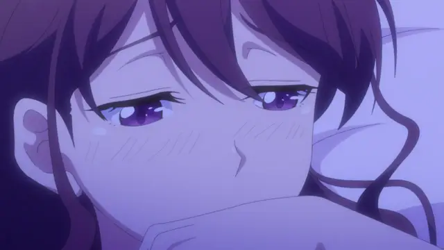 An anime girl with purple hair and blushing cheeks lies in bed, looking down with a heavy-lidded, sultry expression. Screenshot from Eternity: Shin`ya no Nurekoi Channel - Episode 4