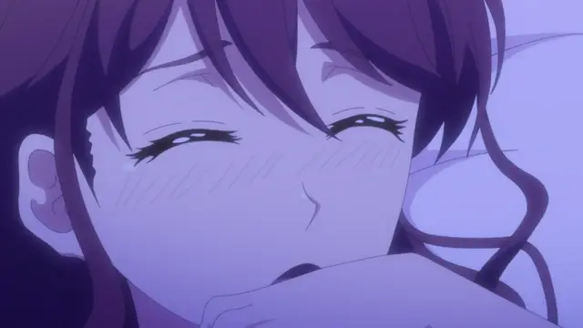 A blushing anime girl with long purple hair lies on a pillow with her eyes half-closed and a dazed expression on her face. Screenshot from Eternity: Shin`ya no Nurekoi Channel - Episode 4