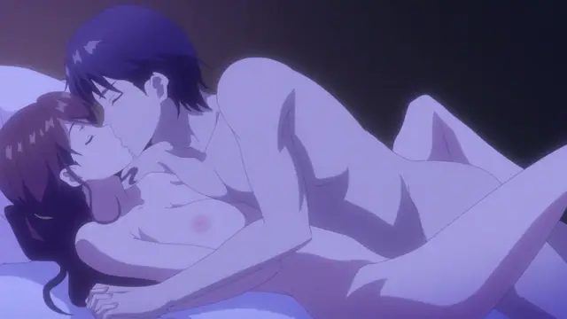 A naked anime man and woman lie together in bed, with the man kissing the woman while she lies on her side with her eyes closed. Screenshot from Eternity: Shin`ya no Nurekoi Channel - Episode 4