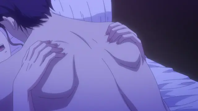 A girl with dark hair lies on a bed, her hands placed on the muscular back and buttocks of a man who is facing away from her. Screenshot from Eternity: Shin`ya no Nurekoi Channel - Episode 4