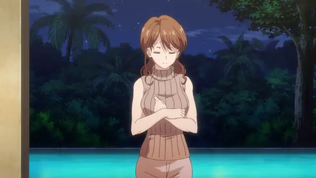 A brown-haired anime girl with closed eyes and a nervous expression stands by a pool at night, her hands clasped over her chest in front of her beige sleeveless sweater. Screenshot from Eternity: Shin`ya no Nurekoi Channel - Episode 4