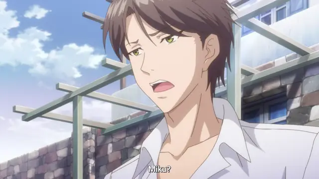 A shocked-looking young man with brown hair and green eyes stands outdoors in front of a stone wall and a fence under a blue sky, with the subtitle "Miku?" appearing at the bottom. Screenshot from Eternity: Shin`ya no Nurekoi Channel - Episode 4