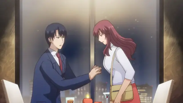 A man in a suit stands in a high-rise room with a woman in a white blouse, looking at her with a serious expression while reaching out to her hand. Screenshot from Eternity: Shin`ya no Nurekoi Channel - Episode 5
