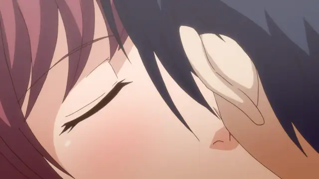 A close-up shot shows a blushing girl with closed eyes leaning her head against the face of a blue-haired male character. Screenshot from Eternity: Shin`ya no Nurekoi Channel - Episode 5