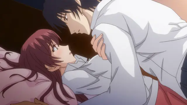 A close-up of a woman with long red hair lying on a bed and a man in a white shirt leaning over her, looking into her eyes as they prepare for sex. Screenshot from Eternity: Shin`ya no Nurekoi Channel - Episode 5