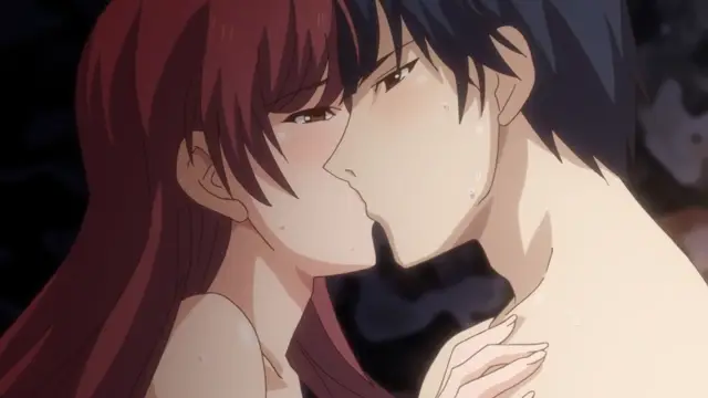 A blushing, red-haired woman and a black-haired man share a passionate, intimate kiss while they are both shirtless in an outdoor setting at night. Screenshot from Eternity: Shin`ya no Nurekoi Channel - Episode 5