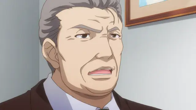 A middle-aged man with grey hair and a stern, frowning expression looks concerned while wearing a brown suit and a blue shirt. Screenshot from Eternity: Shin`ya no Nurekoi Channel - Episode 5