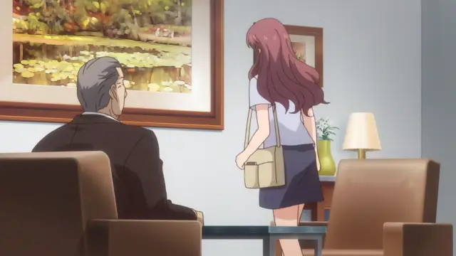 An older man in a suit sits in a chair in a lounge while a young woman with long red hair and a white top stands before him. Screenshot from Eternity: Shin`ya no Nurekoi Channel - Episode 5
