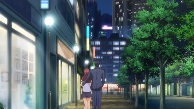 A man and a woman in business attire walk away from the camera down a city sidewalk at night, surrounded by illuminated storefronts and city lights. Screenshot from Eternity: Shin`ya no Nurekoi Channel - Episode 5