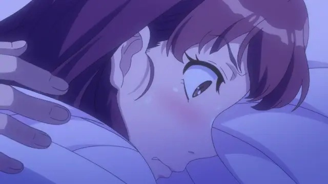 A blushing anime girl lies on her side with her eyes closed and mouth slightly open, while a pair of hands rests on her torso as she is smothered by a dark purple cloth. Screenshot from Eternity: Shin`ya no Nurekoi Channel - Episode 6