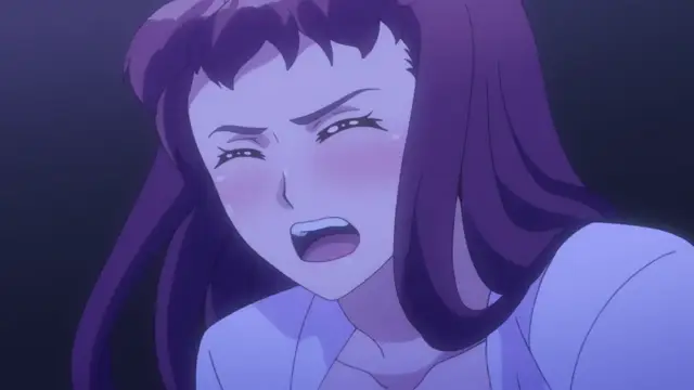 A purple-haired anime woman with a flushed face and an open mouth looks shocked or distressed as she gazes forward. Screenshot from Eternity: Shin`ya no Nurekoi Channel - Episode 6