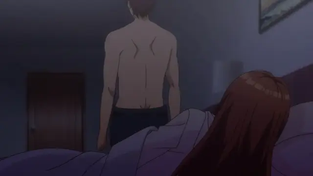 A shirtless anime man stands facing away from a girl lying in bed with her back to him in a dimly lit bedroom. Screenshot from Eternity: Shin`ya no Nurekoi Channel - Episode 6