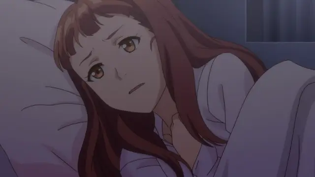 A long-haired woman lies in bed with a confused and distressed expression, wrapped in a blanket. Screenshot from Eternity: Shin`ya no Nurekoi Channel - Episode 6