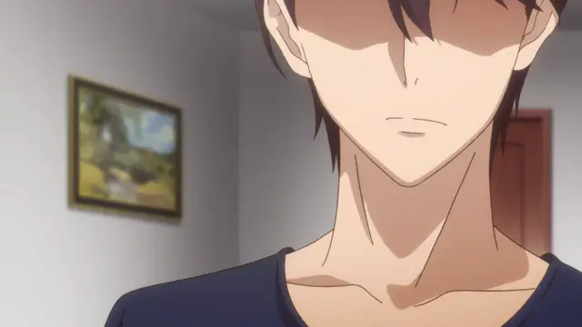 A close-up shot of a male anime character with dark hair and an intense expression, wearing a navy blue t-shirt in a room with a painting on the wall. Screenshot from Eternity: Shin`ya no Nurekoi Channel - Episode 6