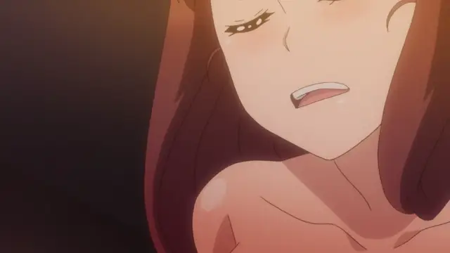 A close-up shot of an anime woman with long brown hair and a distressed expression, with sweat and tears on her face, appearing to be in the middle of a sexual act. Screenshot from Eternity: Shin`ya no Nurekoi Channel - Episode 6