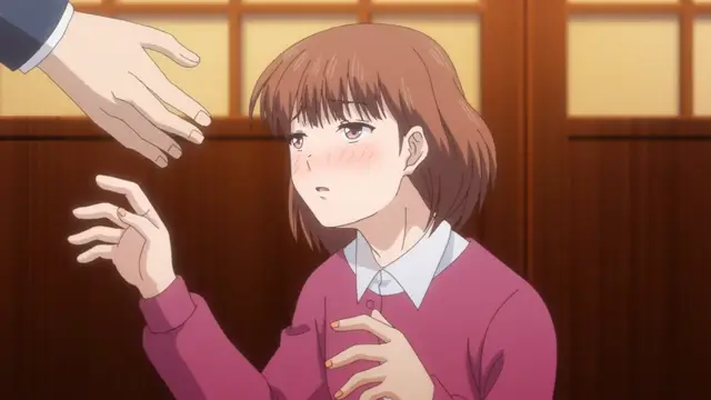 A blushing anime girl with brown hair and a pink sweater reaches her hand out toward the hand of an unseen person standing in front of her. Screenshot from Eternity: Shin`ya no Nurekoi Channel - Episode 7