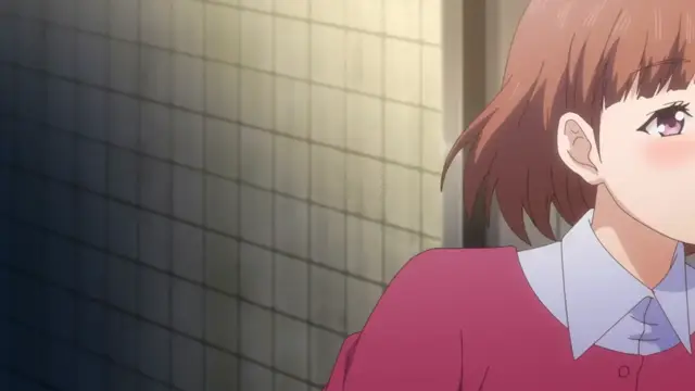 A blushing anime girl with short brown hair and a school uniform looks to the side in a close-up shot. Screenshot from Eternity: Shin`ya no Nurekoi Channel - Episode 7