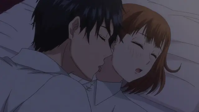 A dark-haired man and a brown-haired woman lie in bed together with their eyes closed, as the man leans in to kiss the woman's neck. Screenshot from Eternity: Shin`ya no Nurekoi Channel - Episode 7