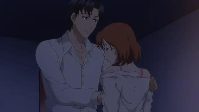 A man in a white dress shirt holds a small woman in a white shirt and pink bra strap over her shoulders, looking down at her with a sly smile. Screenshot from Eternity: Shin`ya no Nurekoi Channel - Episode 7