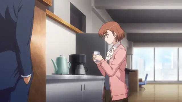In a modern kitchen setting, a young woman with short brown hair wearing a pink blazer and white cravat stands holding a glass of water while looking downcast in front of a man in a blue suit. Screenshot from Eternity: Shin`ya no Nurekoi Channel - Episode 7