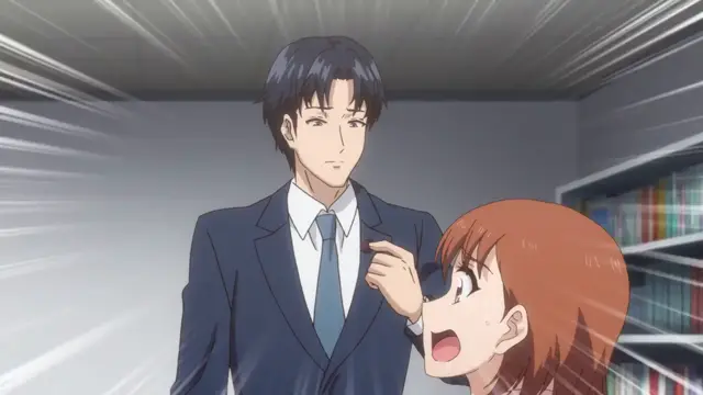 A tall, dark-haired man in a suit stands calmly while a petite brown-haired girl looks up at him with a wide, amazed expression, grasping his lapel. Screenshot from Eternity: Shin`ya no Nurekoi Channel - Episode 7