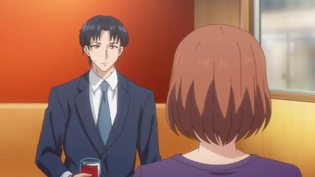 A man in a dark blue suit and tie sits across from a short-haired woman in a purple shirt, holding a drink and looking at her with a serious expression. Screenshot from Eternity: Shin`ya no Nurekoi Channel - Episode 7