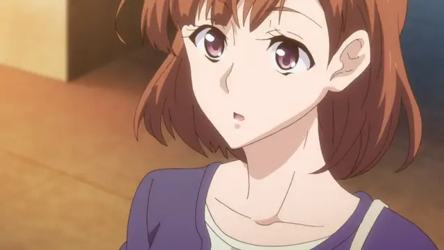 A close-up shot features a brown-haired anime girl with large expressive eyes looking slightly upwards with a surprised expression. Screenshot from Eternity: Shin`ya no Nurekoi Channel - Episode 7