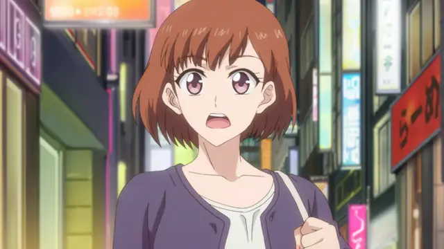 A brown-haired anime girl with wide eyes and an open mouth looks shocked while walking through a brightly lit Japanese street at night. Screenshot from Eternity: Shin`ya no Nurekoi Channel - Episode 7
