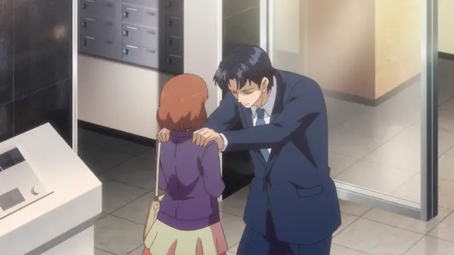 A man in a business suit reaches out to place his hands on the shoulders of a woman in a purple jacket and yellow skirt as they stand in a hallway near a row of mailboxes. Screenshot from Eternity: Shin`ya no Nurekoi Channel - Episode 7