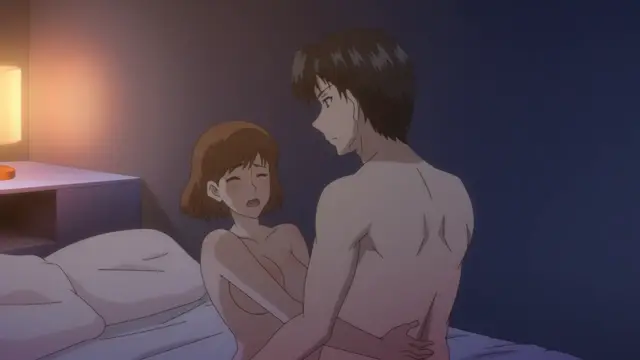 A shirtless man and a nude woman with short hair sit on a bed in a dimly lit room, with the man holding her around the waist as she looks up at him with a dazed expression. Screenshot from Eternity: Shin`ya no Nurekoi Channel - Episode 7
