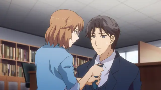 A woman with short brown hair stands in an office setting, reaching out to adjust the tie of a man in a business suit who looks flustered and sweating. Screenshot from Eternity: Shin`ya no Nurekoi Channel - Episode 8